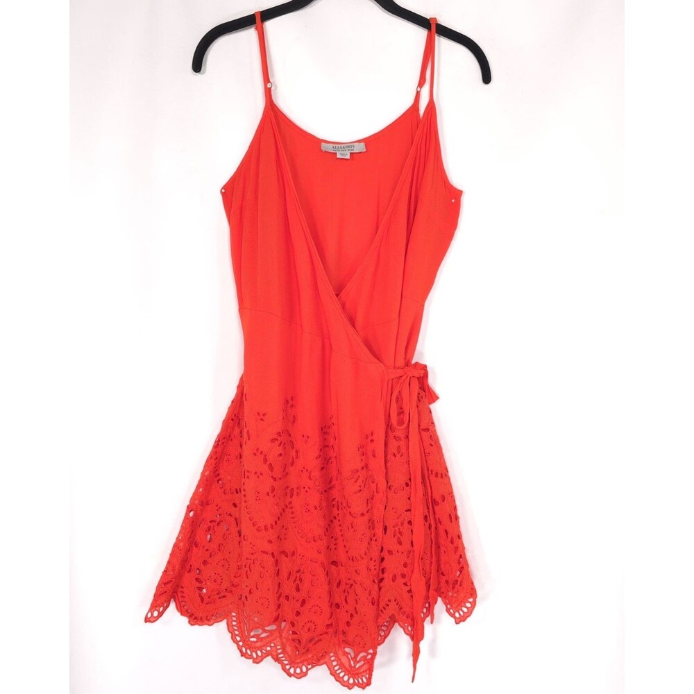 ALLSAINTS Women’s Mini Dress‎ US 8 Eyelet Embroidered Wrap Orange AS305897R